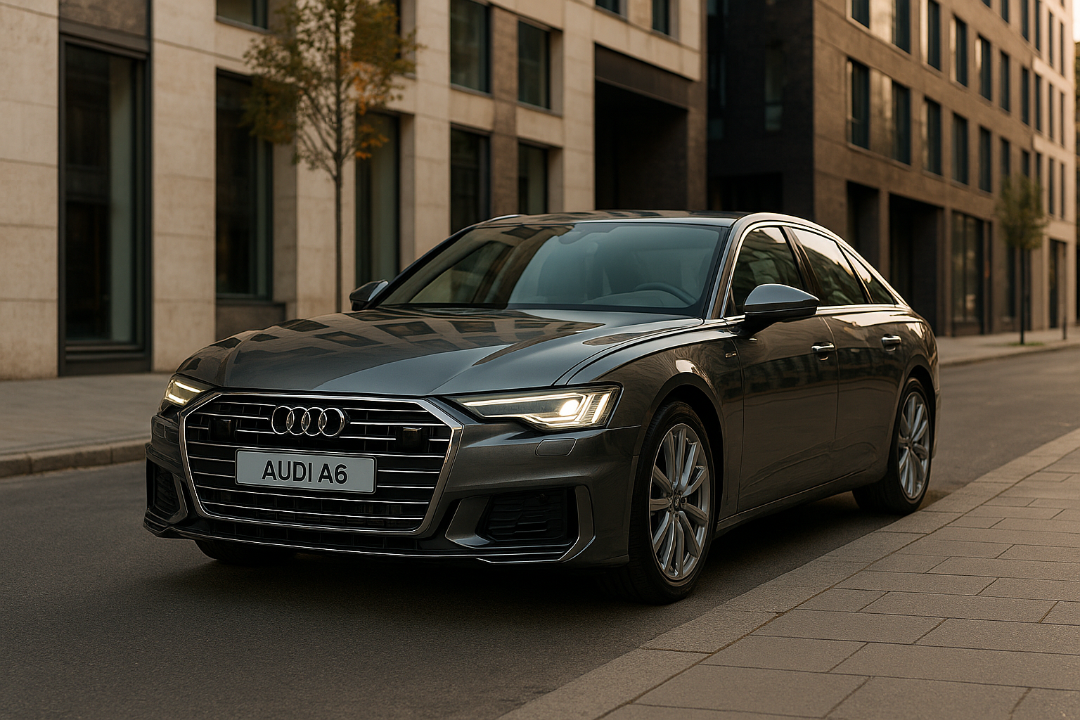 audi a6 Audi A6 gris métallisé garée dans une rue urbaine moderne, vue en trois-quarts avant avec phares LED allumés.
