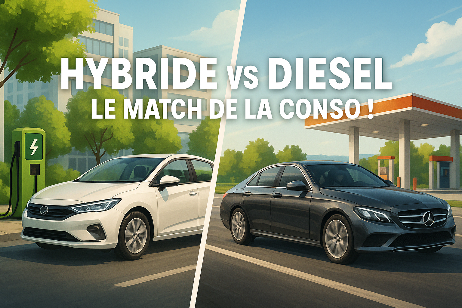 Comparaison entre une voiture hybride en ville et une voiture diesel sur autoroute, illustrant les différences de consommation