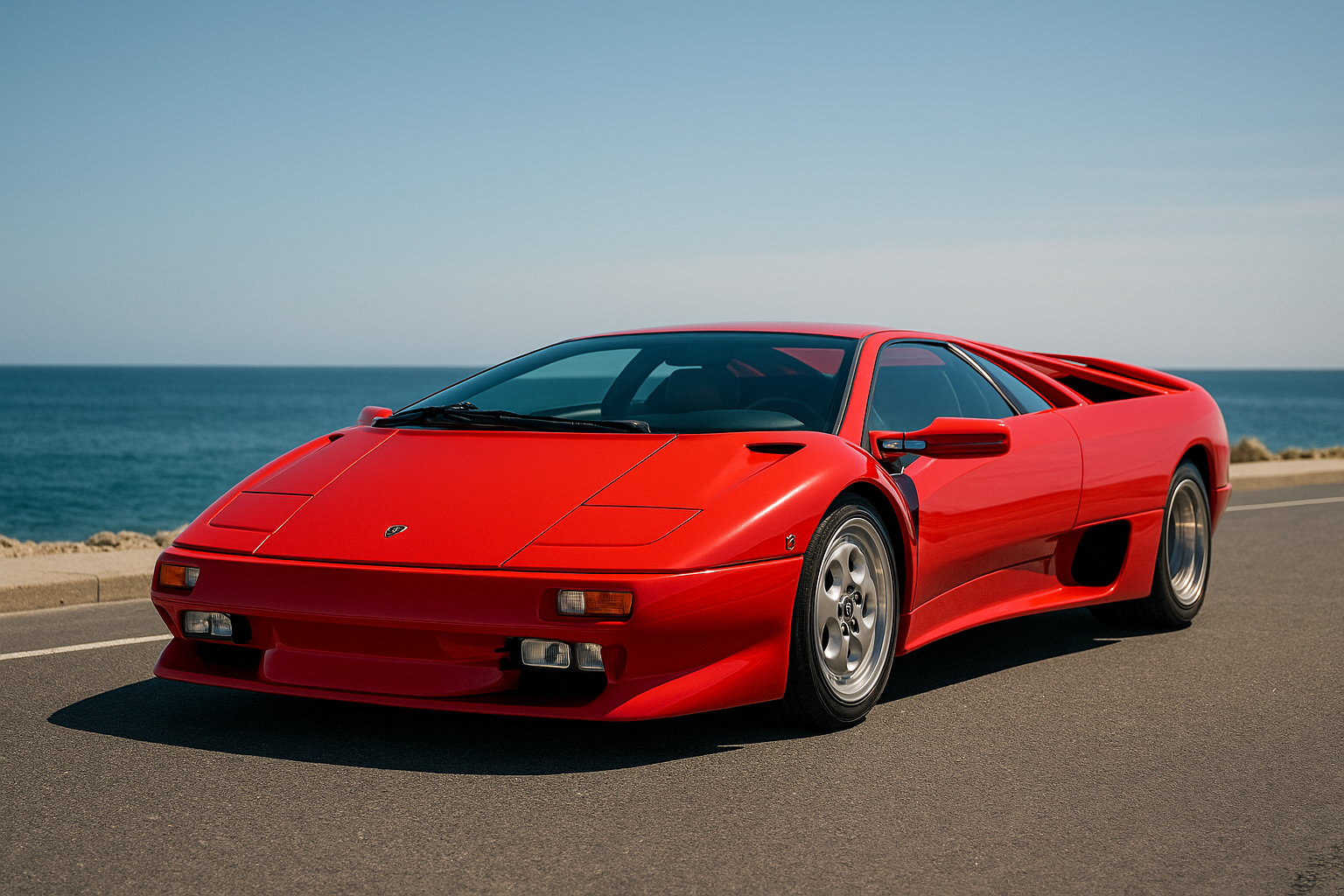 Lamborghini Diablo rouge des années 1990 garée sur une route côtière en bord de mer Méditerranée, vue de trois-quarts avant.