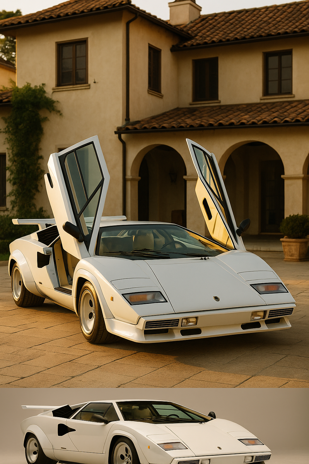 Lamborghini Countach blanche des années 1980 avec portes en élytre ouvertes, garée devant une villa italienne au coucher du soleil.