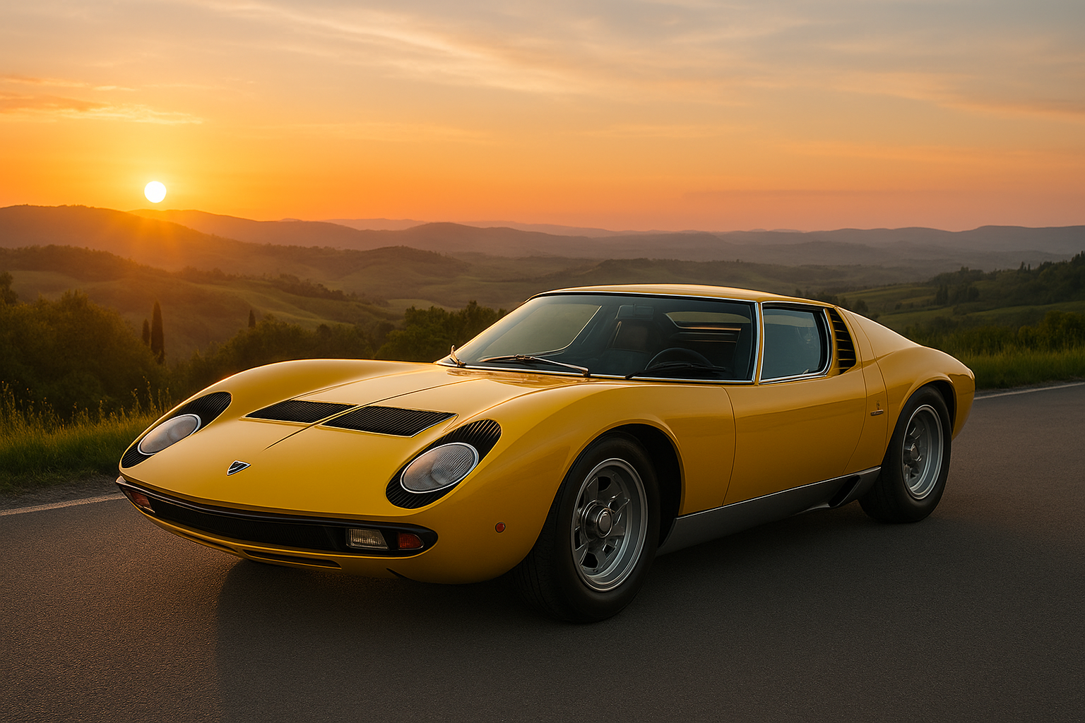 Lamborghini Miura jaune des années 1960 garée sur une route italienne au coucher du soleil, avec collines verdoyantes en arrière-plan.