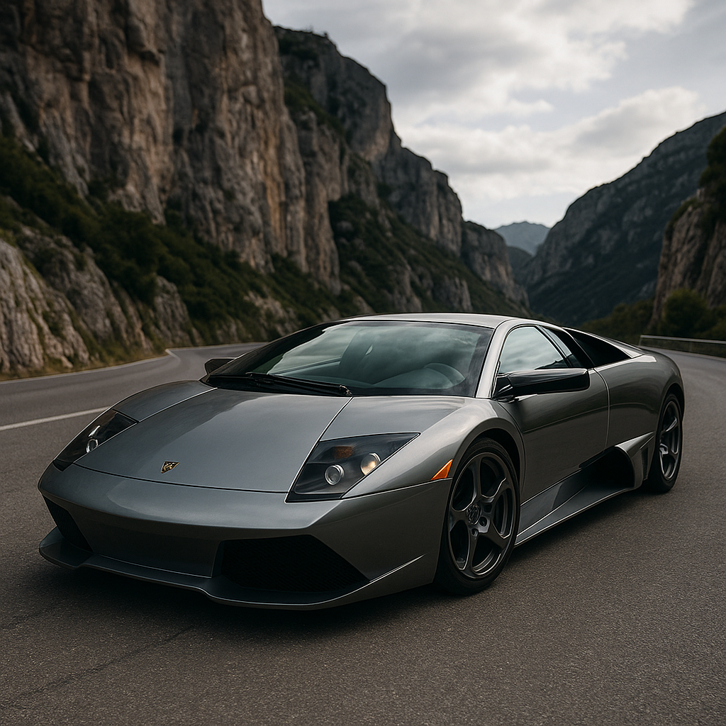 Lamborghini Murciélago grise métallisée des années 2000, garée sur une route de montagne sinueuse avec falaises en arrière-plan.