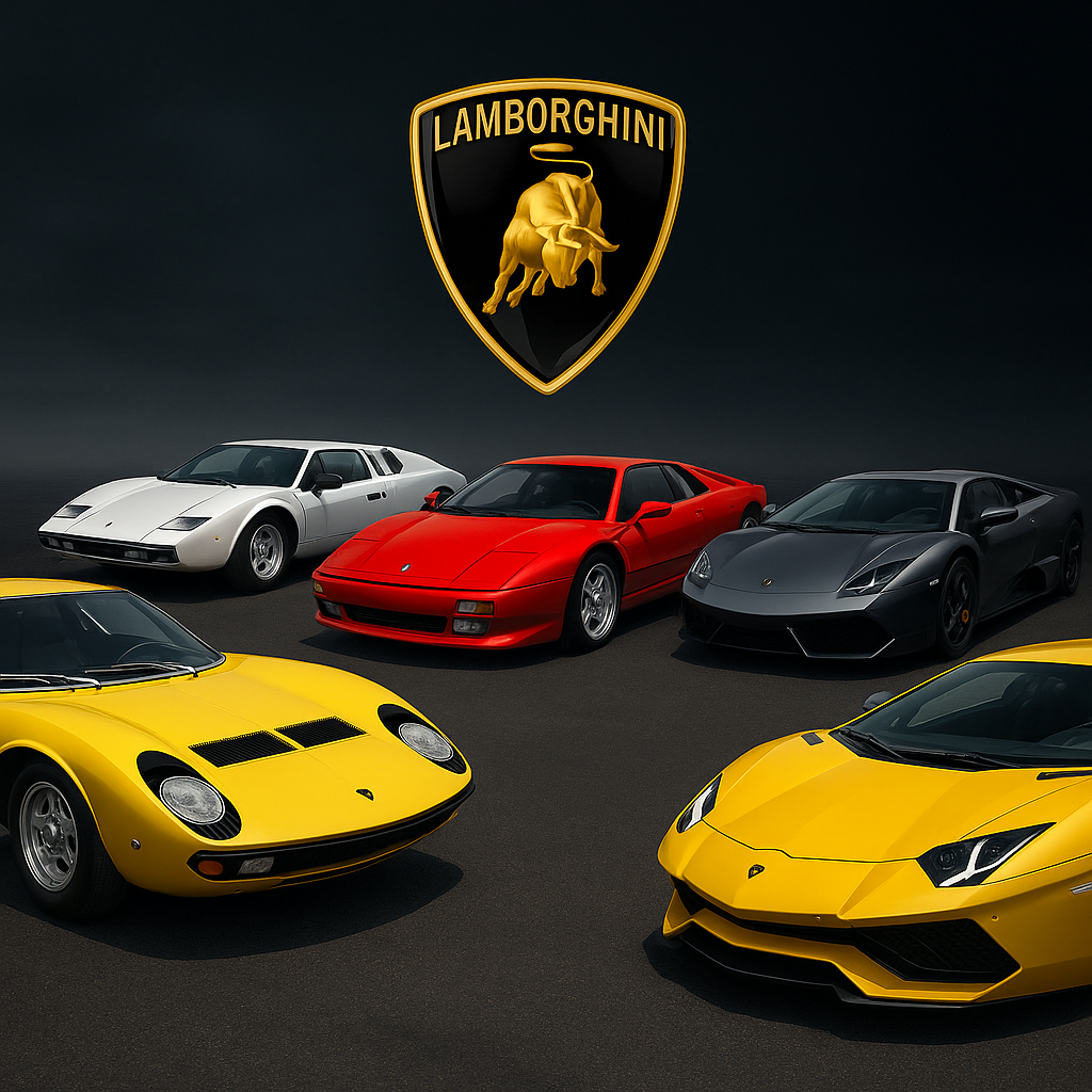 Cinq modèles emblématiques Lamborghini : Miura jaune, Countach blanche, Diablo rouge, Murciélago grise et Aventador jaune alignées sous le logo de la marque.