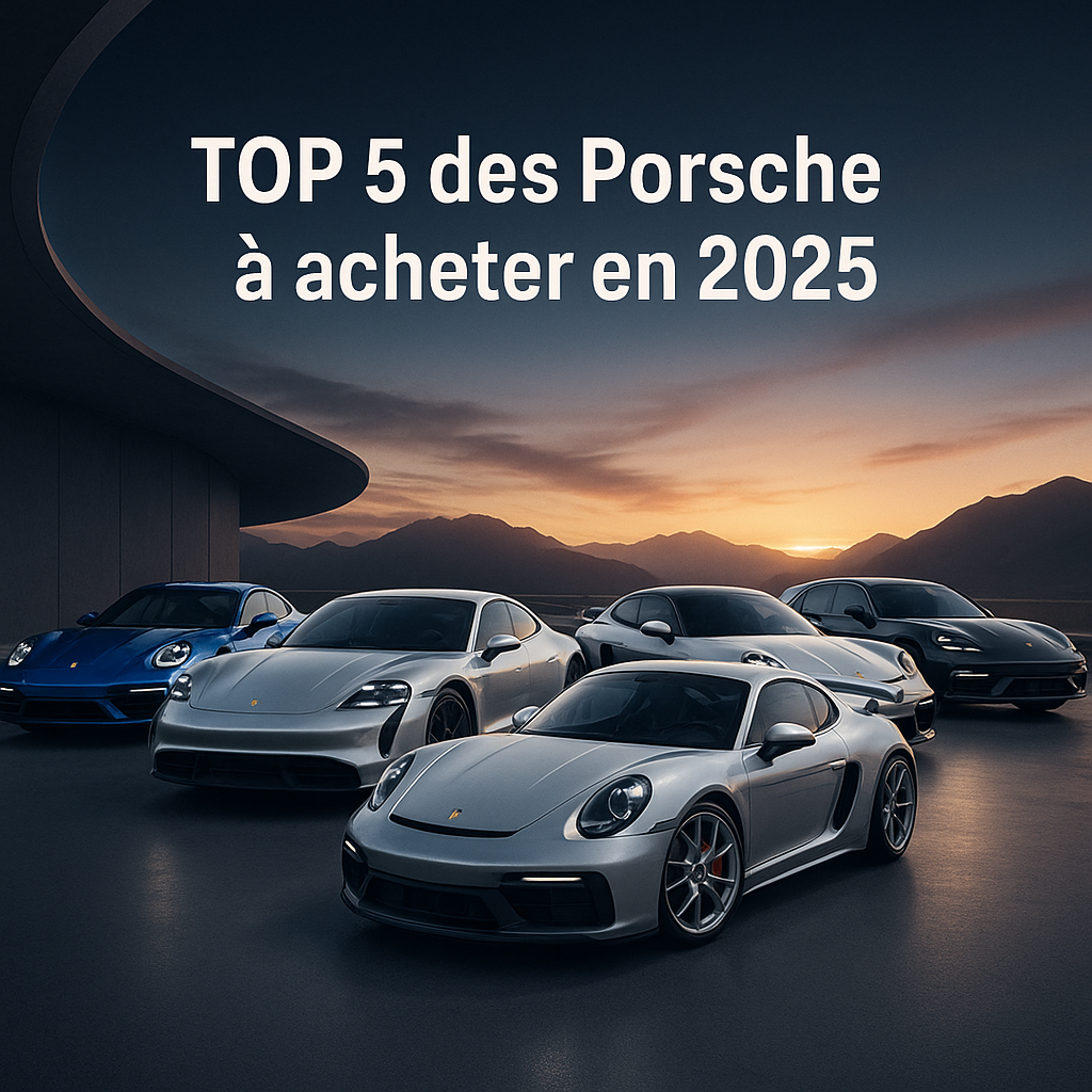 Cinq modèles Porsche alignés : 911 Turbo S, Taycan, Cayman GT4 RS, Macan électrique et Panamera GTS, dans un décor stylisé évoquant la performance et le luxe automobile en 2025