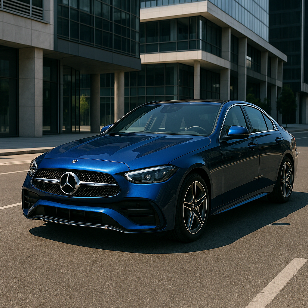 Mercedes Classe C berline bleu métallisé 2024, vue en trois-quarts avant sur une route urbaine moderne en plein jour avec phares LED et calandre diamantée.