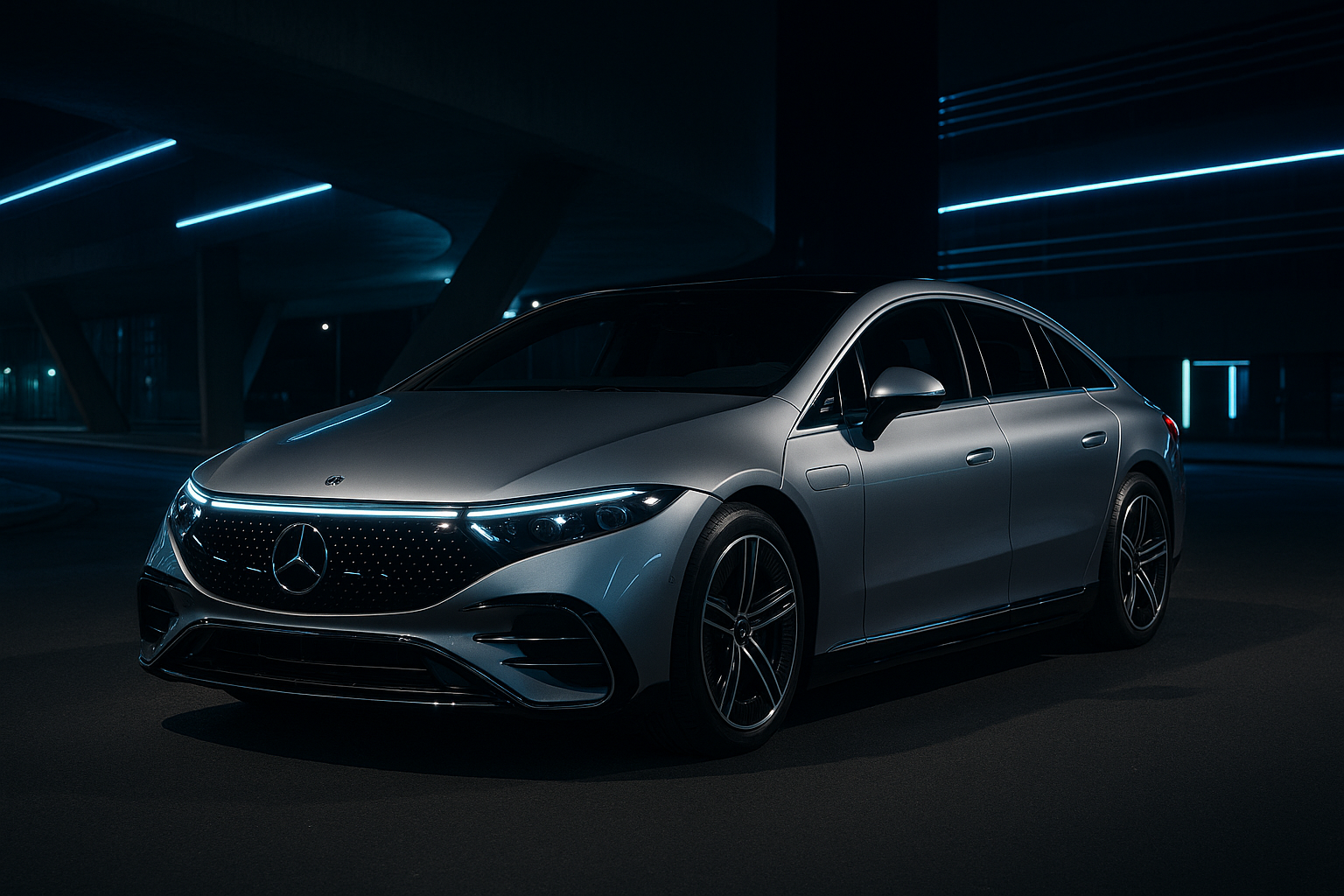 Mercedes EQS électrique gris argent, photographiée en trois-quarts avant de nuit dans un décor urbain futuriste avec calandre lumineuse et bandeau LED.