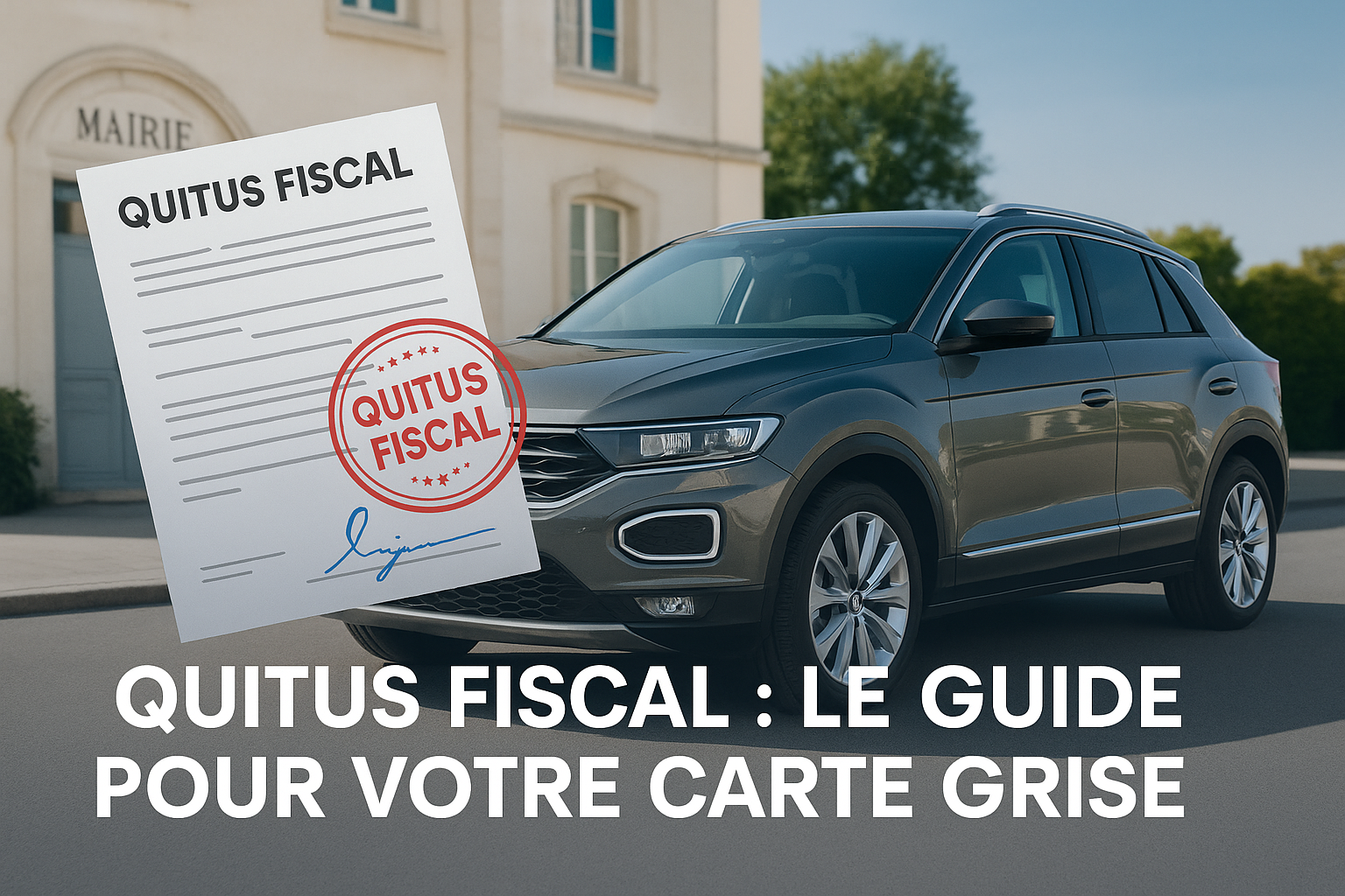 Image représentant un quitus fiscal avec une voiture importée d'Europe, un document administratif et une carte grise française