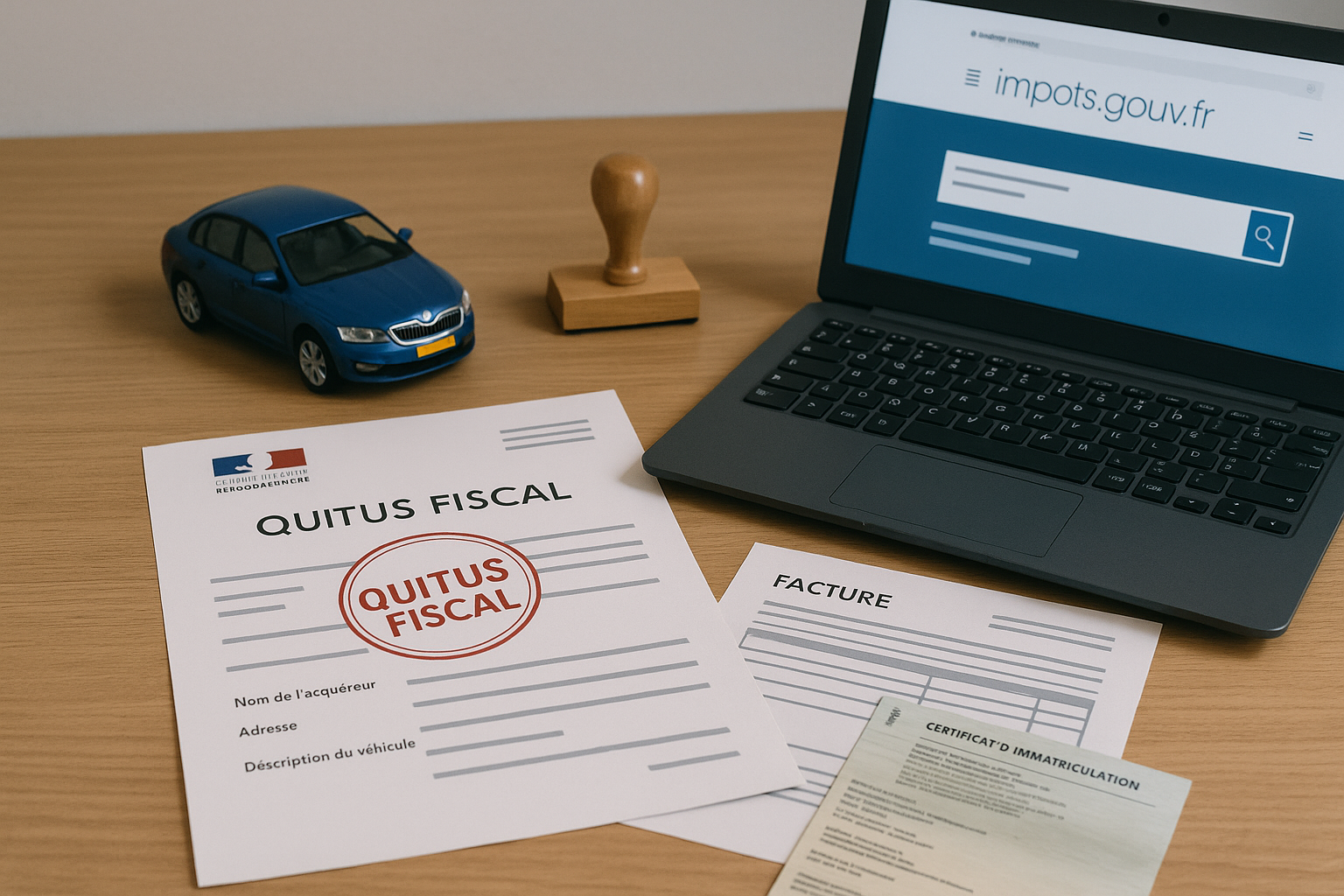 Quitus fiscal avec documents officiels, facture et certificat d’immatriculation pour l’achat d’un véhicule importé en France