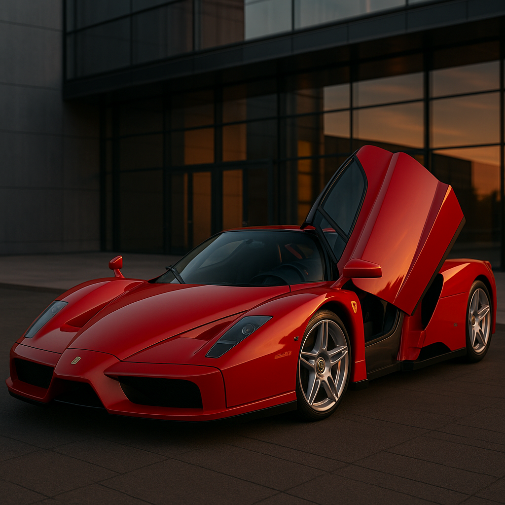Ferrari Enzo rouge des années 2000 avec porte papillon ouverte, garée devant un bâtiment moderne en verre au coucher de soleil, supercar italienne emblématique