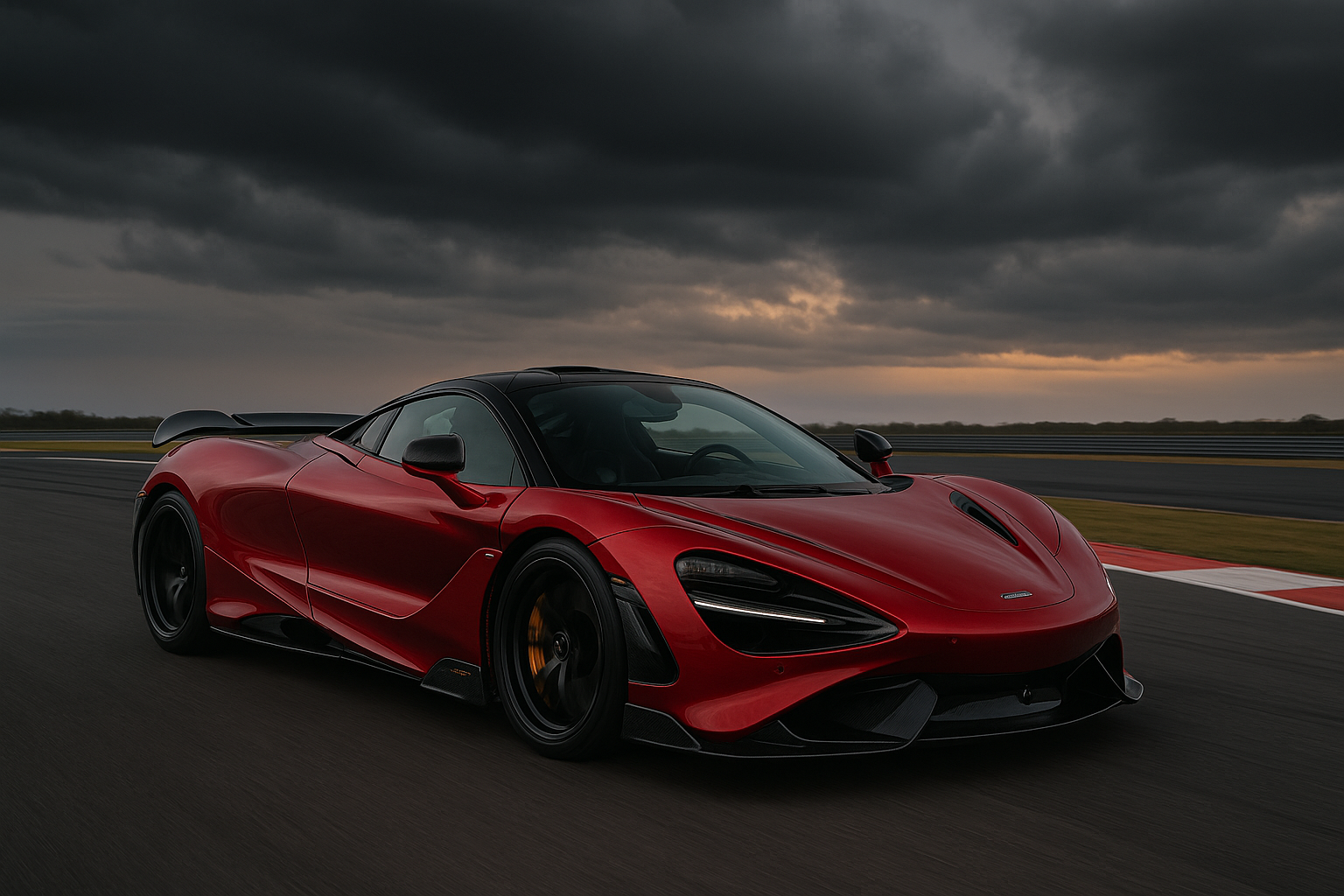 McLaren 765LT rouge vif sur circuit, supercar radicale Longtail de 765 ch, vue de trois-quarts avant sous un ciel orageux