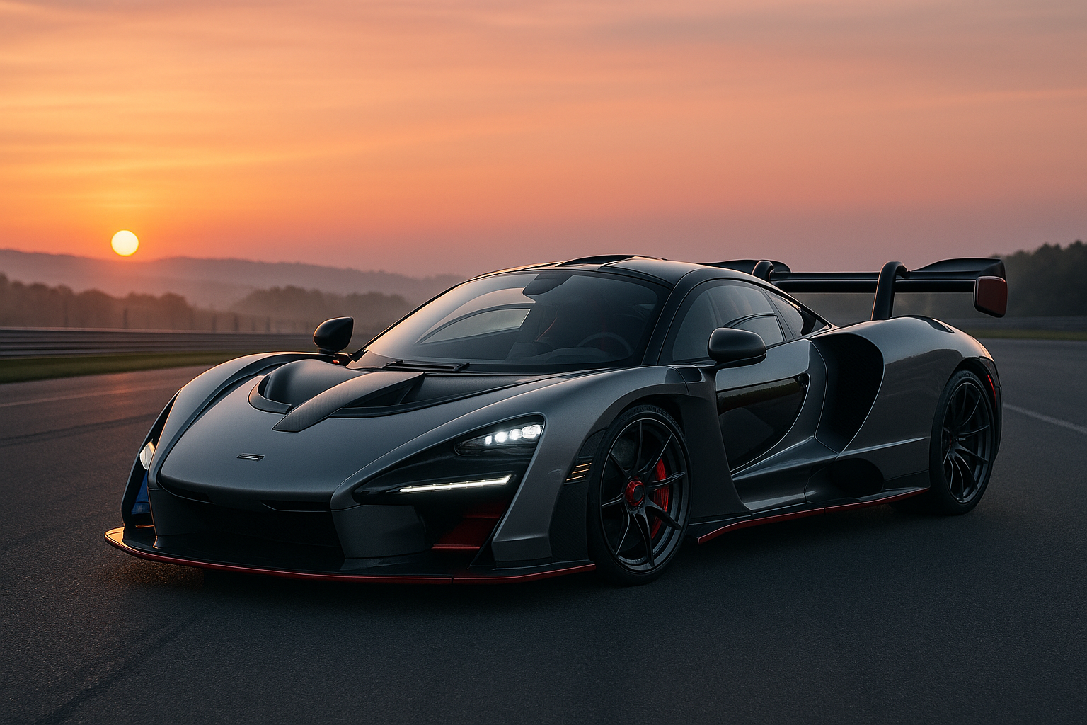 McLaren Senna grise et noire avec accents rouges, supercar radicale sur un circuit au lever du soleil, vue de trois-quarts avant avec aileron imposant