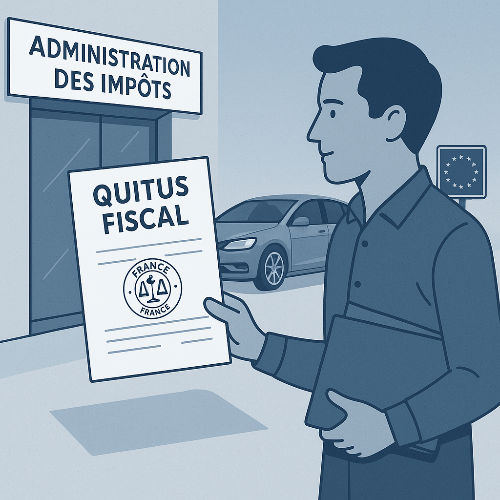 Homme déposant un quitus fiscal à l’administration des impôts en France après l’achat d’une voiture importée de l’Union européenne