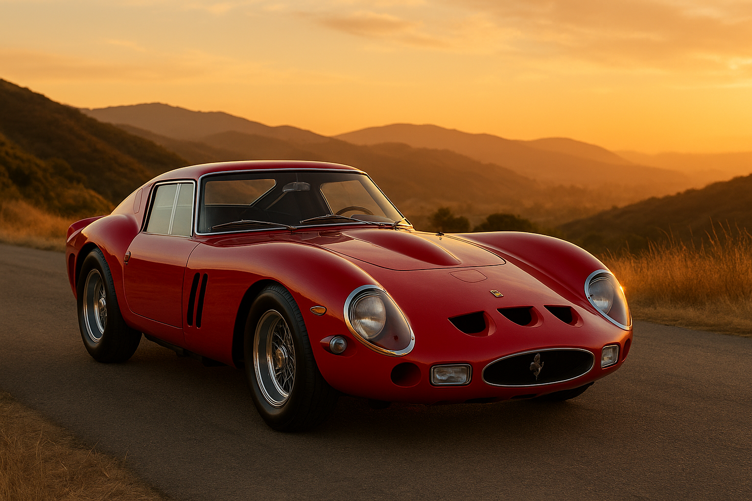 Ferrari 250 GTO rouge classique des années 60, garée sur une route sinueuse au coucher de soleil, symbole de l’élégance et de la performance italienne