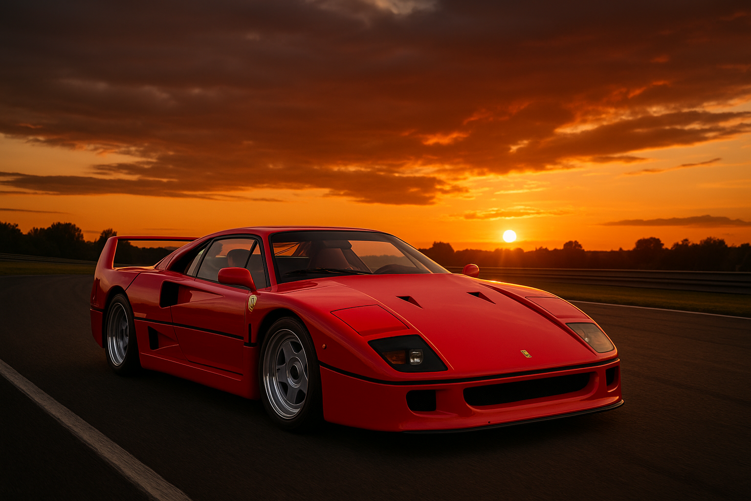 Ferrari F40 rouge avec aileron emblématique, sur circuit au coucher de soleil, supercar italienne des années 80 symbole de vitesse et de légende Ferrari