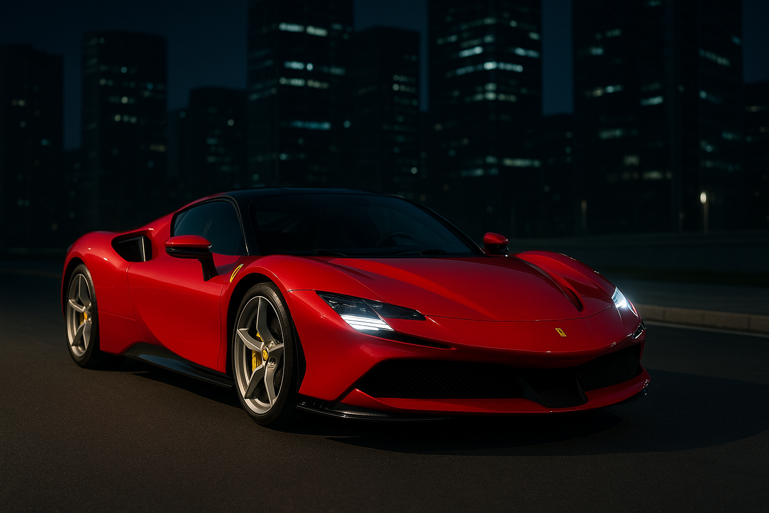 Ferrari SF90 Stradale rouge hybride rechargeable, garée sur une route urbaine de nuit avec phares LED allumés, supercar italienne moderne et puissante