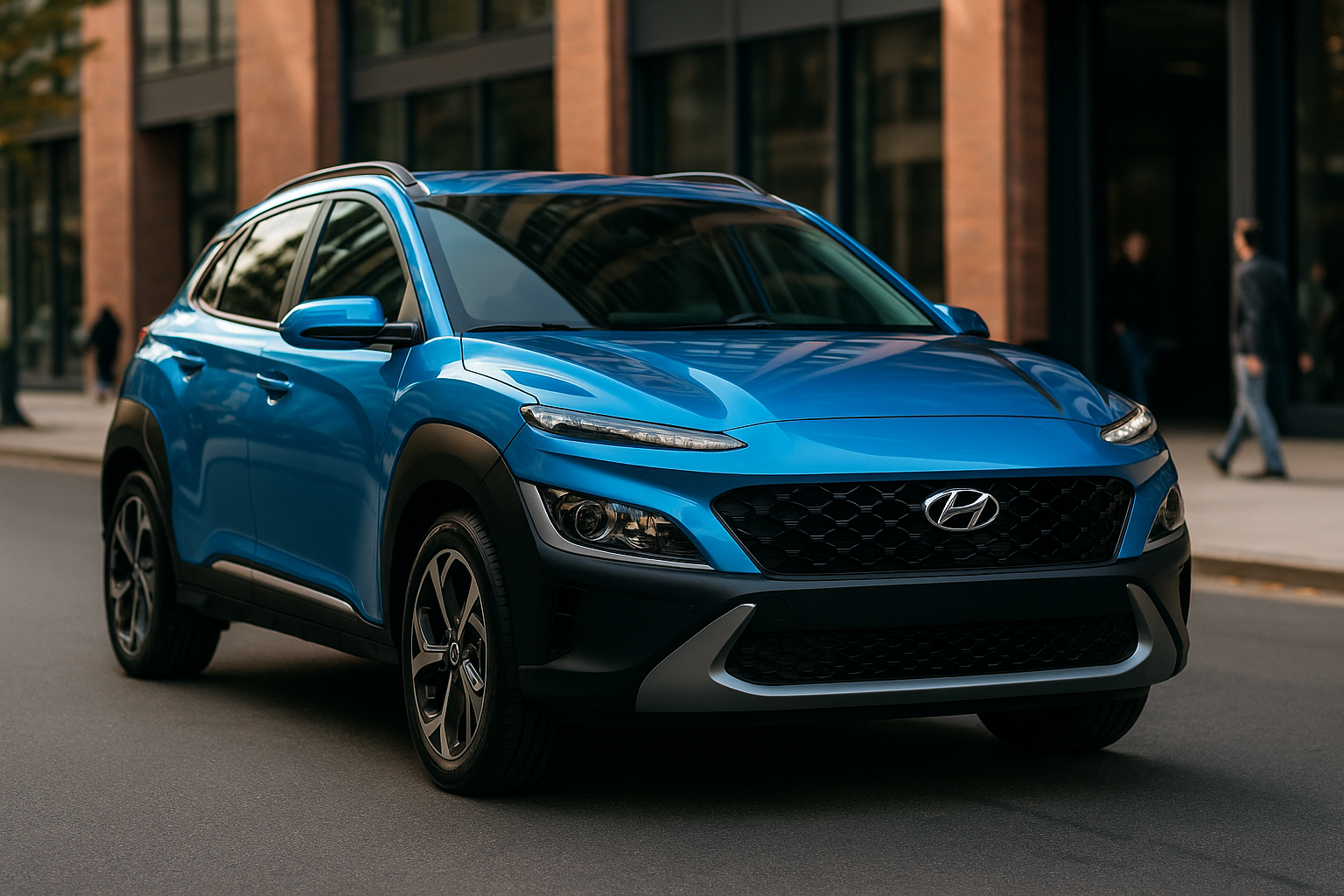 Hyundai Kona bleu métallisé garé en ville, SUV compact moderne avec phares effilés et calandre distinctive