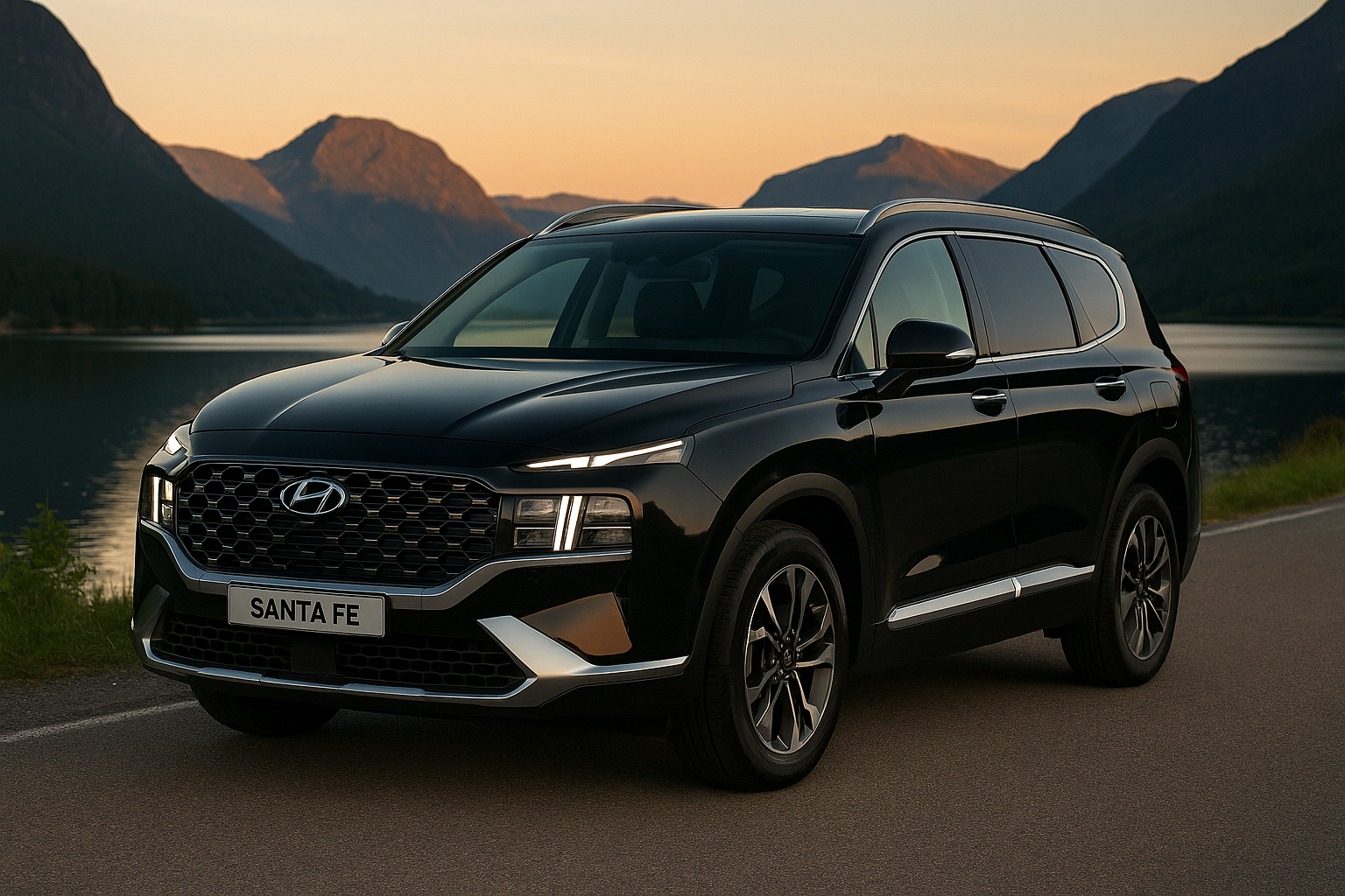 Hyundai Santa Fe noir métallisé garé au bord d’un lac au coucher du soleil, SUV familial 7 places haut de gamme