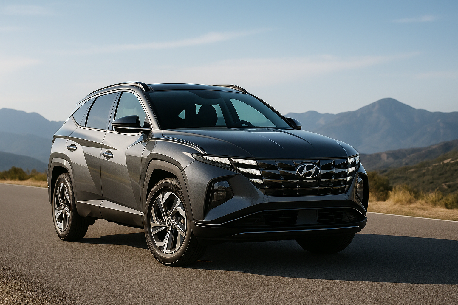 Hyundai Tucson gris métallisé stationné sur une route panoramique avec montagnes en arrière-plan