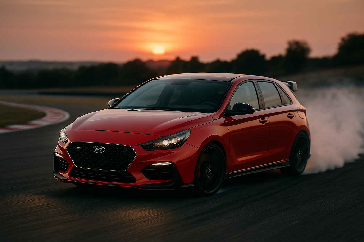 Hyundai i30 N rouge en pleine action sur circuit au coucher du soleil, compacte sportive avec fumée de pneus