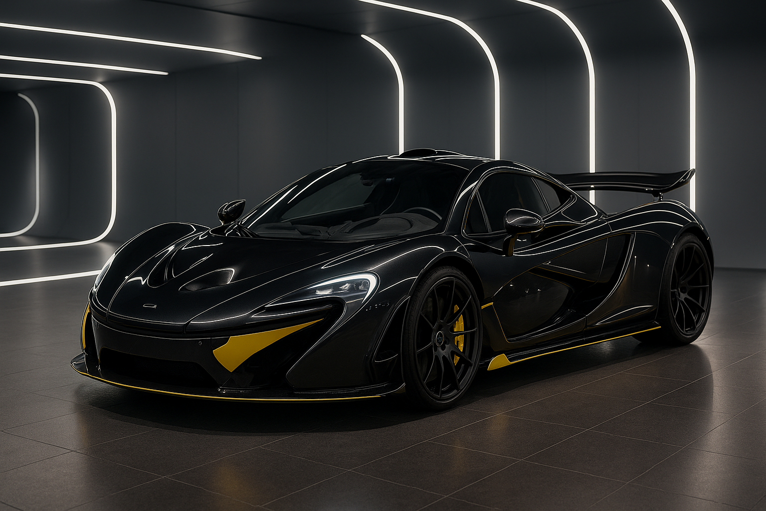 McLaren P1 noire et jaune, hypercar hybride de 916 ch, vue de trois-quarts avant dans un showroom futuriste éclairé par des néons blancs