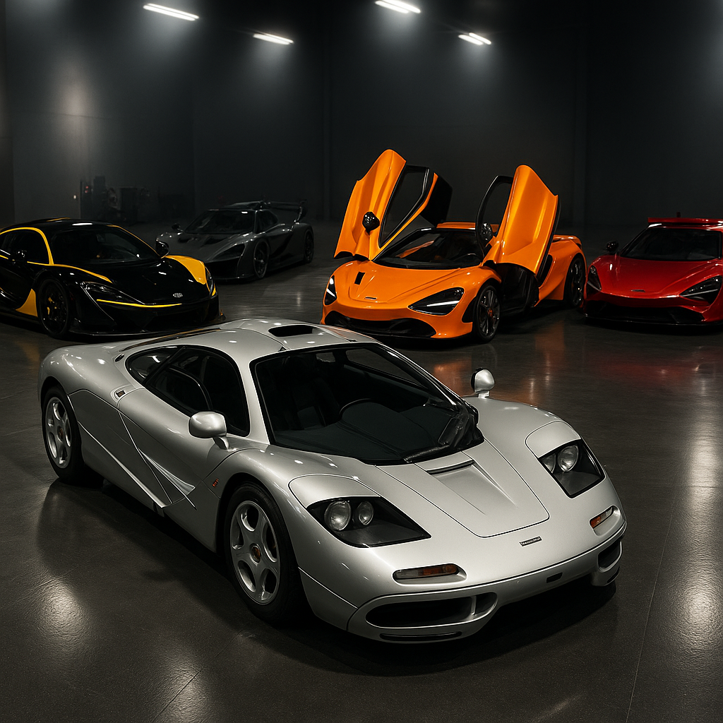 Top 5 des meilleurs modèles McLaren : F1 argentée, P1 noire et jaune, 720S orange portes élytre, Senna noire, 765LT rouge en showroom
