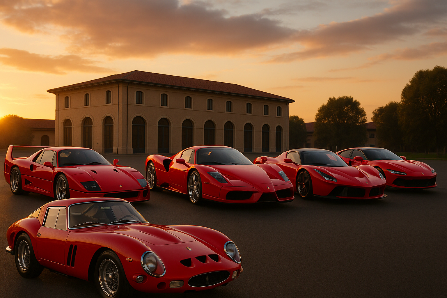 Ferrari 250 GTO, F40, Enzo, LaFerrari et SF90 Stradale alignées au coucher de soleil devant un bâtiment italien, symboles des meilleurs modèles Ferrari