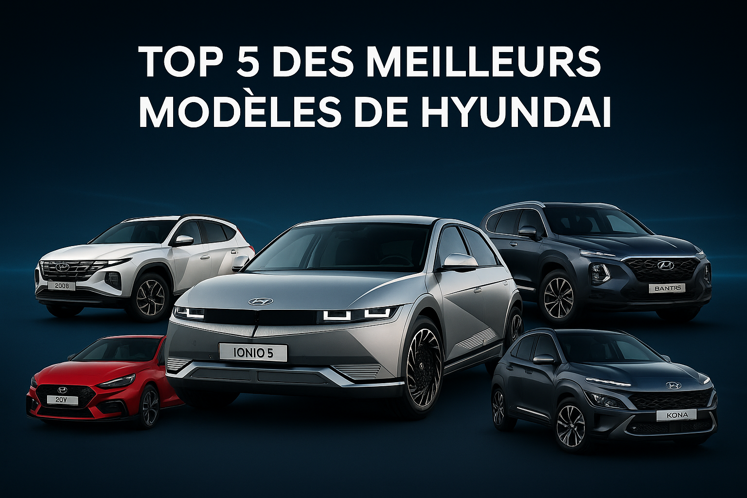 Top 5 des meilleurs modèles Hyundai 2025 avec Hyundai Ioniq 5, Tucson, Kona, Santa Fe et i30 N alignés sur fond bleu"