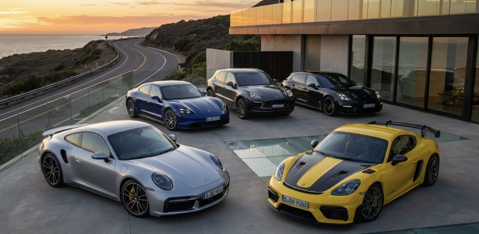 Sélection des 5 meilleurs modèles Porsche : 911 Turbo S, Taycan, Cayman GT4 RS, Macan Electric et Panamera GTS au coucher du soleil.