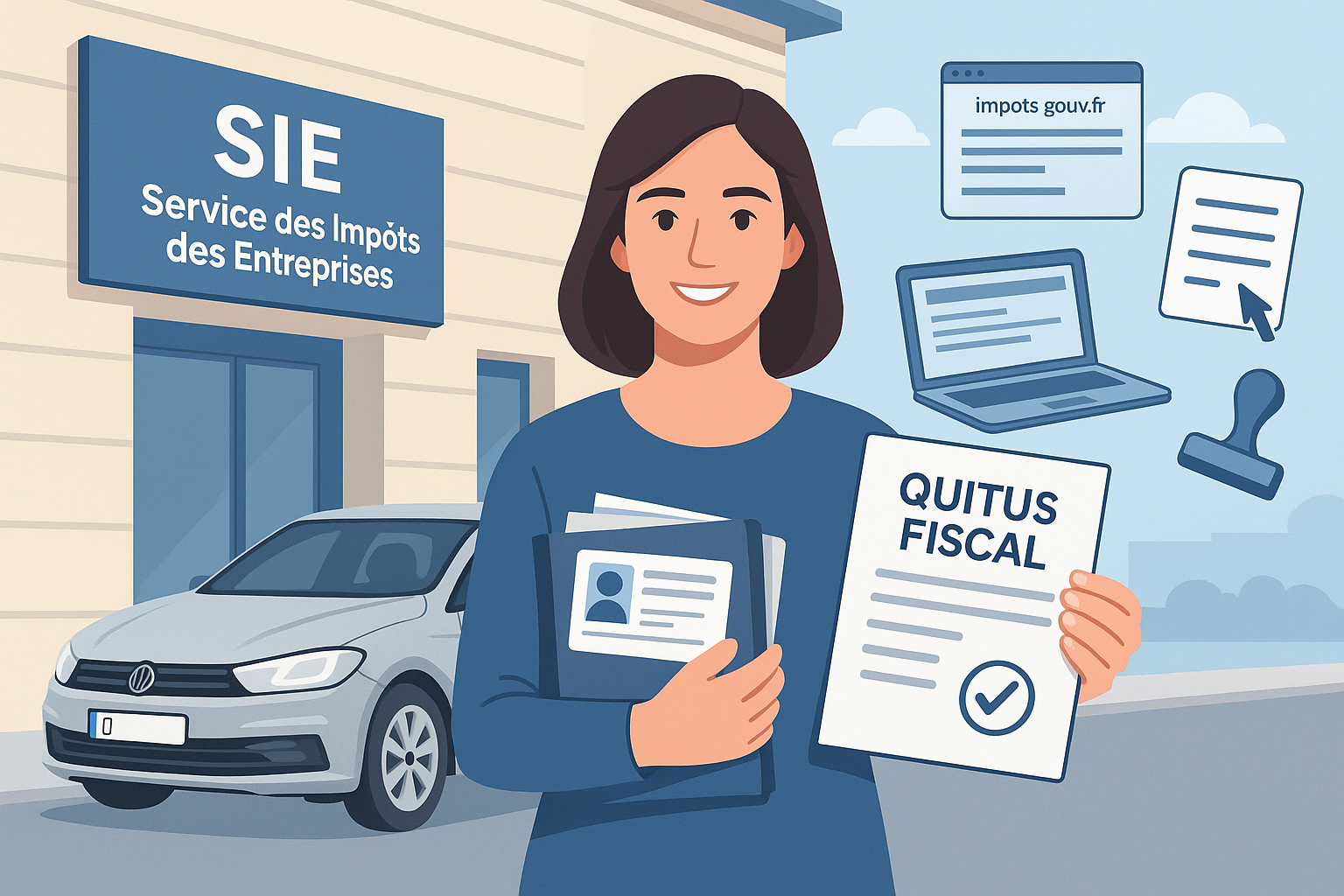 Comment obtenir le quitus fiscal Illustration représentant une femme obtenant son quitus fiscal pour un véhicule importé, devant un bâtiment du Service des Impôts des Entreprises, avec des documents et un ordinateur symbolisant la démarche en ligne.