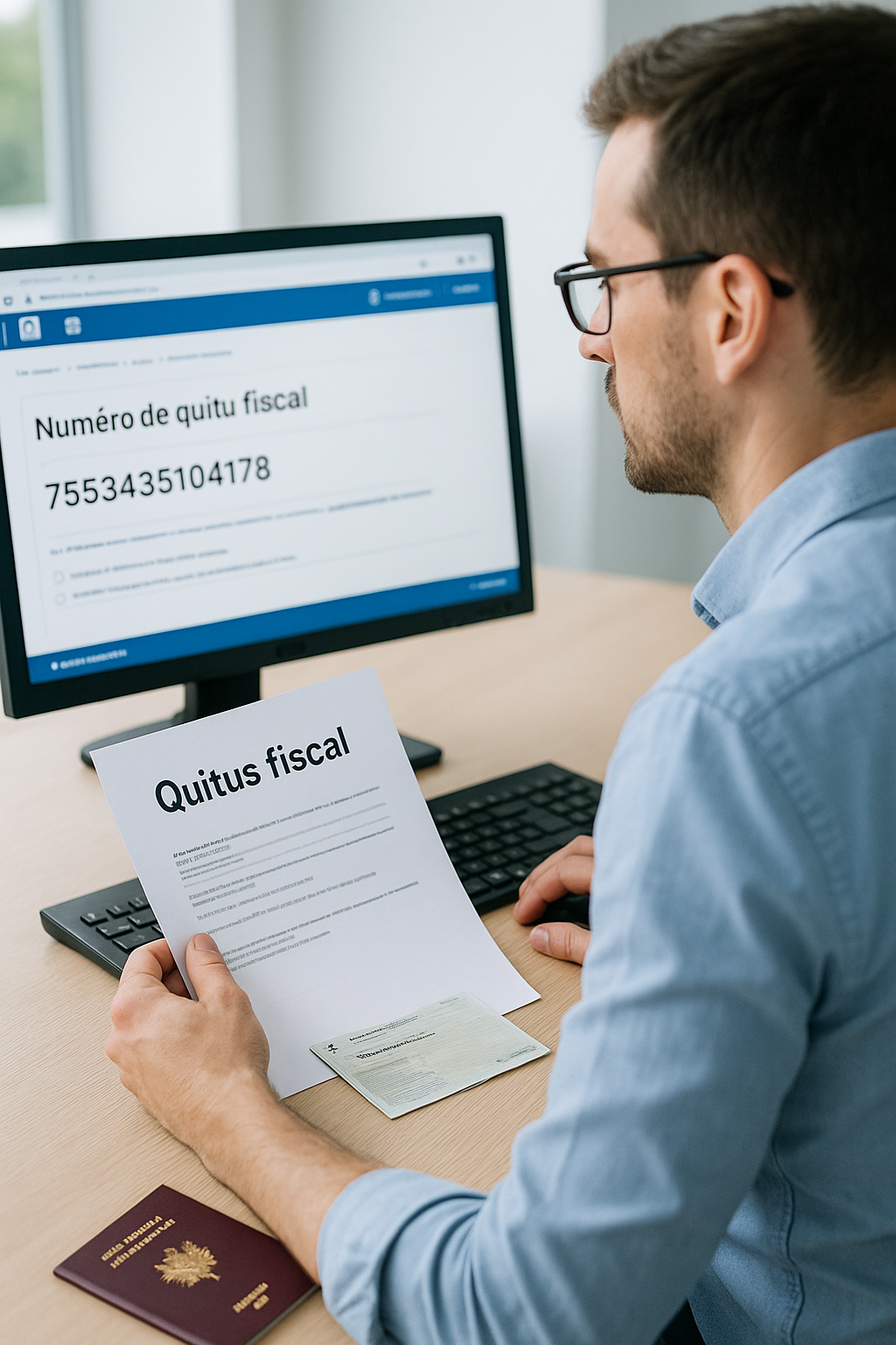 Homme consultant un document de quitus fiscal et un écran affichant un numéro de quitus fiscal sur le site de l’ANTS, avec carte grise et passeport sur un bureau.