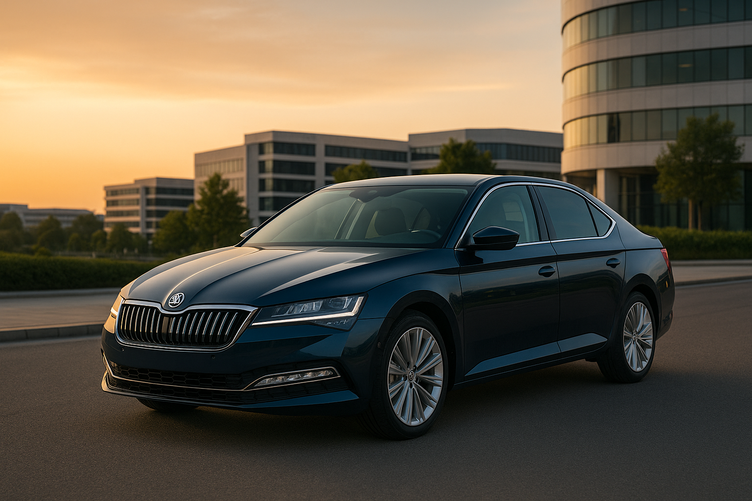Skoda Superb berline bleu foncé photographiée en trois-quarts avant sur une route urbaine moderne au coucher du soleil, illustrant son design élégant et premium.