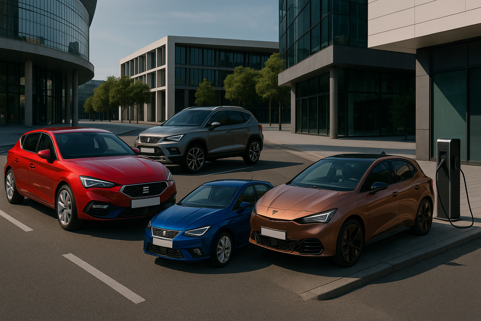 Gamme Seat 2025 : Leon, Ibiza, Arona, Ateca et Cupra Born, les meilleurs modèles de la marque espagnole réunis dans un décor urbain moderne