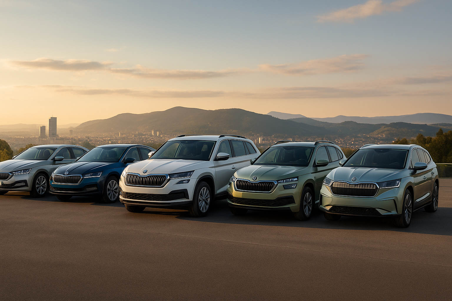 Cinq voitures Skoda récentes — Octavia, Superb, Kodiaq, Kamiq et Enyaq iV — alignées sur une route au coucher du soleil, avec une ville et des collines en arrière-plan.