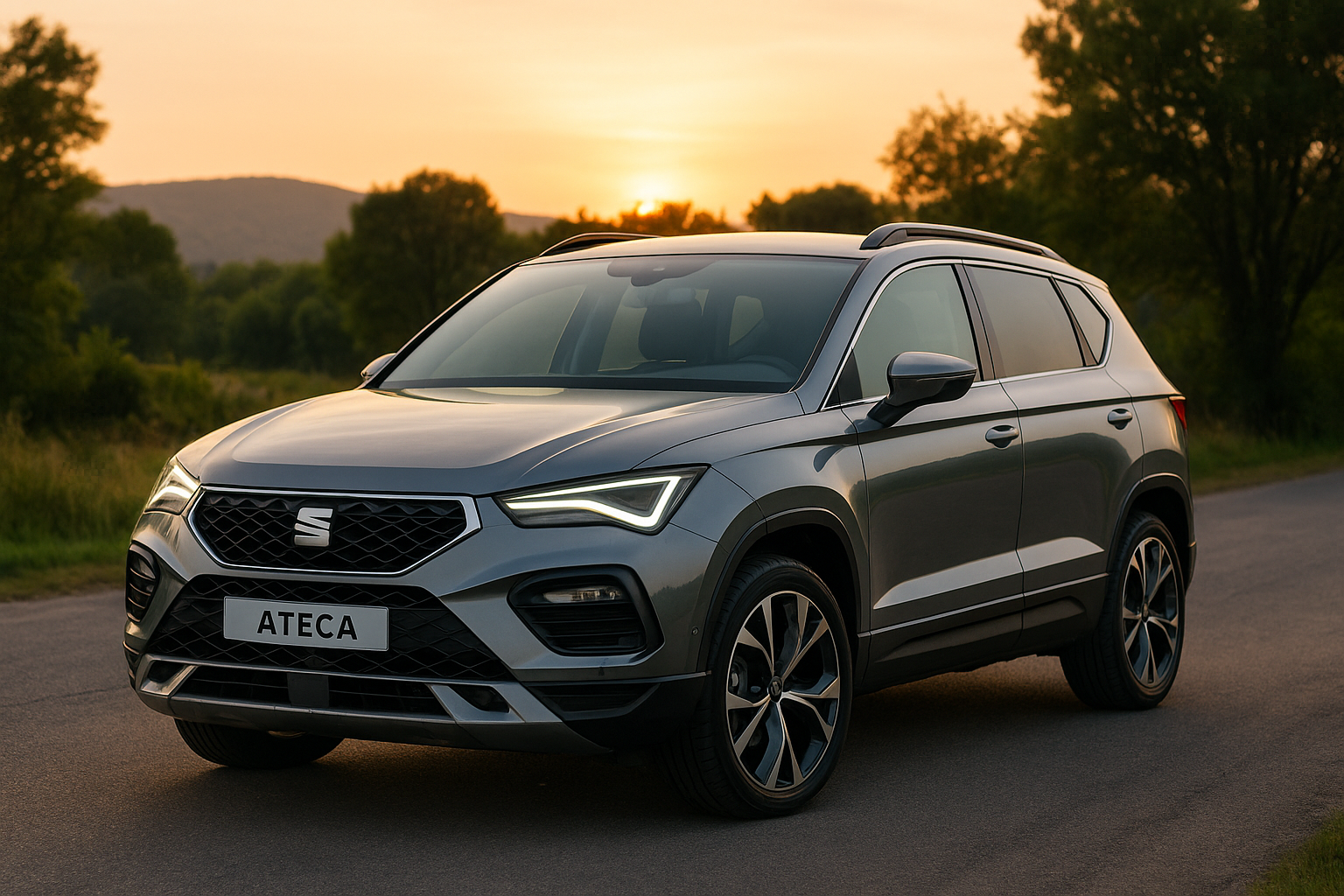 Seat Ateca 2025 gris métallisé, SUV familial robuste et élégant stationné sur une route de campagne au coucher du soleil
