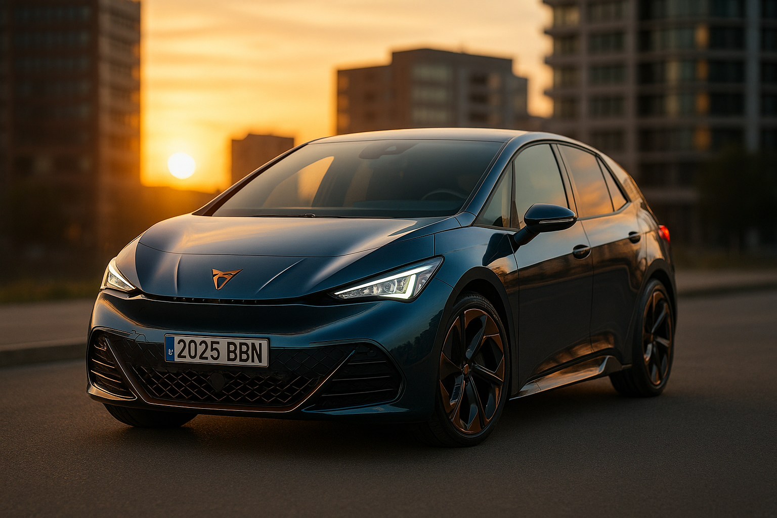 Seat Cupra Born électrique bleue garée sur une route au coucher du soleil, design moderne et sportif.
