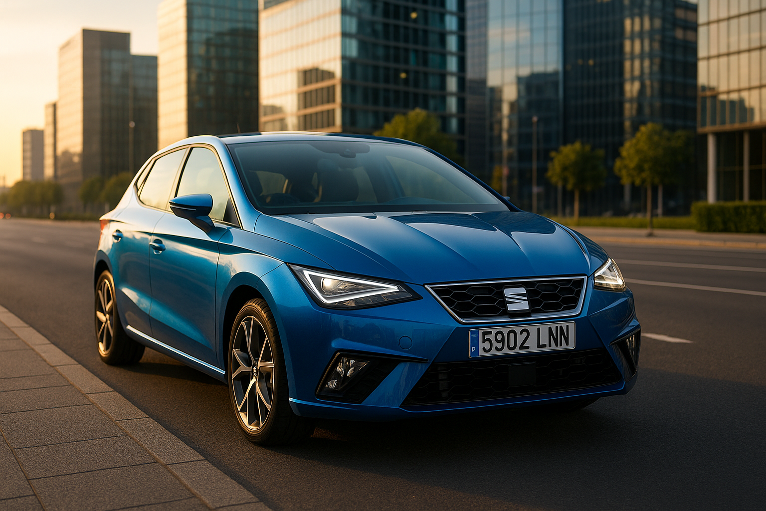 Seat Ibiza 2025 bleue métallisée, citadine compacte au design moderne, stationnée sur une route urbaine au lever du soleil
