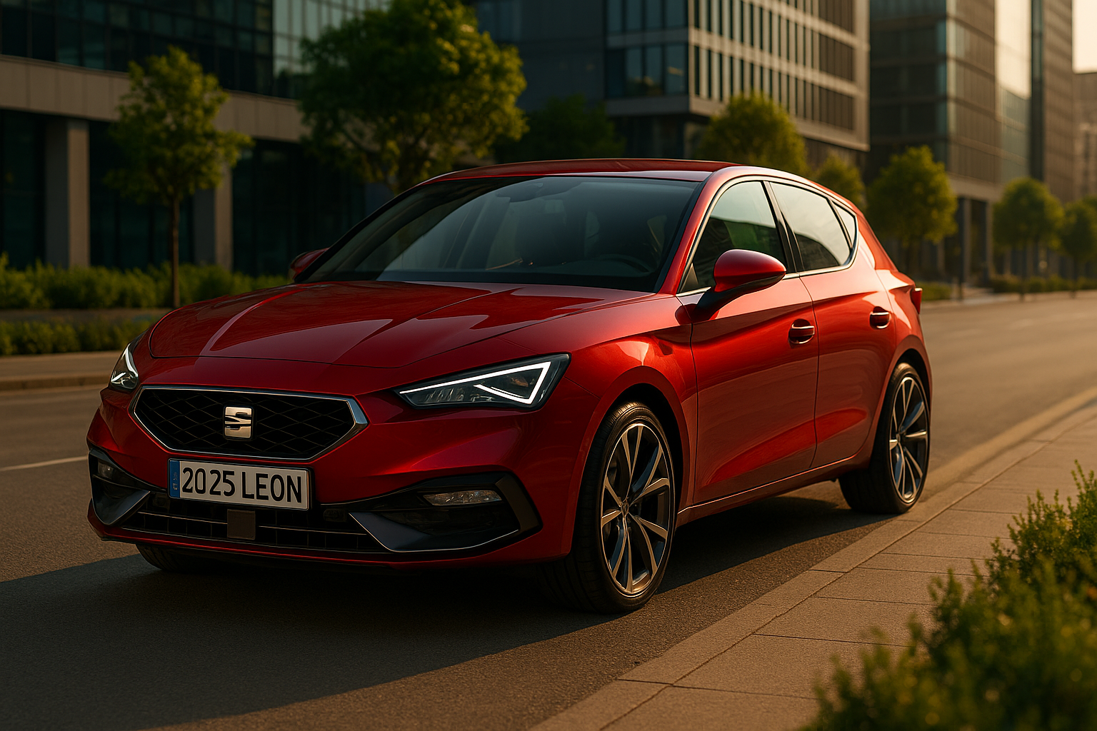 Seat Leon 2025 rouge métallisée, berline compacte au design élégant et sportif, stationnée sur une route urbaine moderne au coucher du soleil
