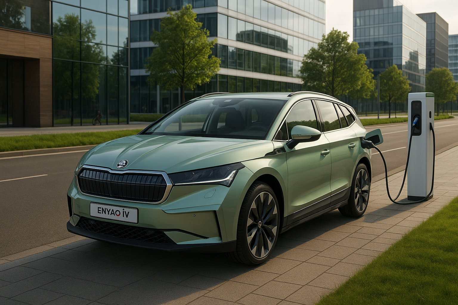 SUV électrique Skoda Enyaq iV vert clair branché à une borne de recharge sur une route urbaine moderne bordée d’immeubles en verre et d’espaces verts.