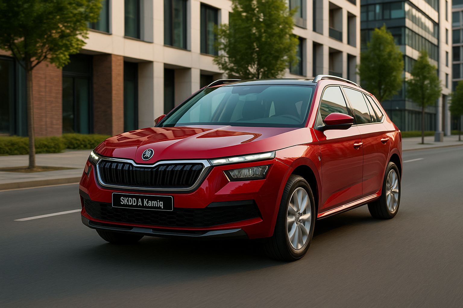 SUV compact Skoda Kamiq rouge photographié en trois-quarts avant sur une route urbaine moderne au coucher du soleil, avec immeubles et arbres en arrière-plan.