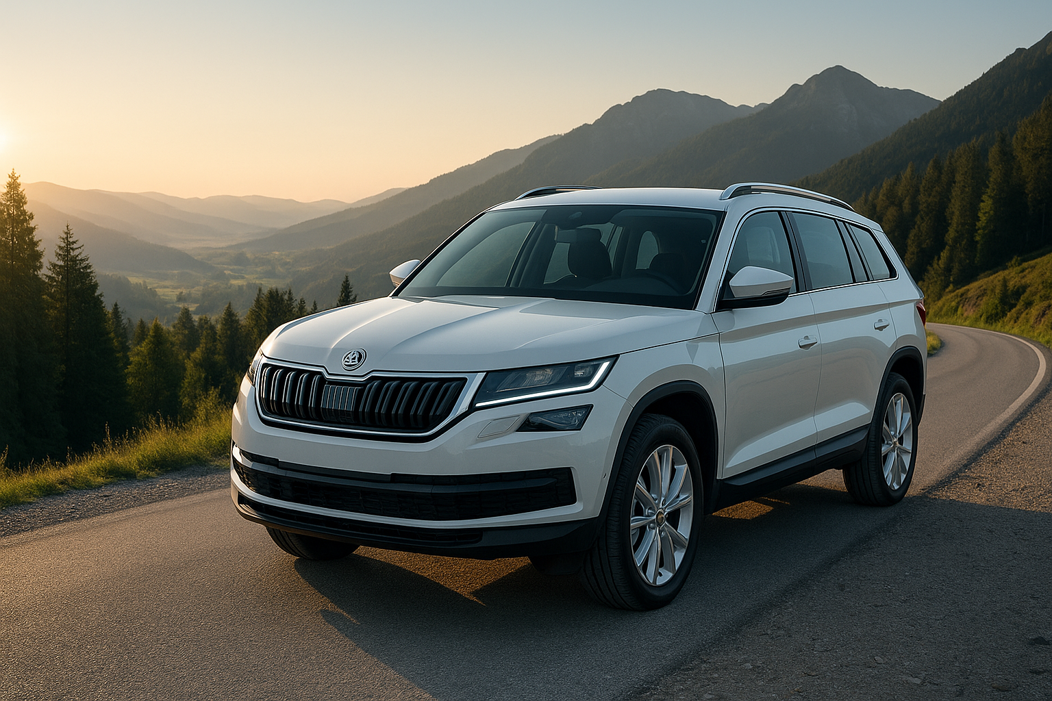 SUV Skoda Kodiaq blanc photographié en trois-quarts avant sur une route de montagne au lever du soleil, avec des forêts et vallées en arrière-plan.
