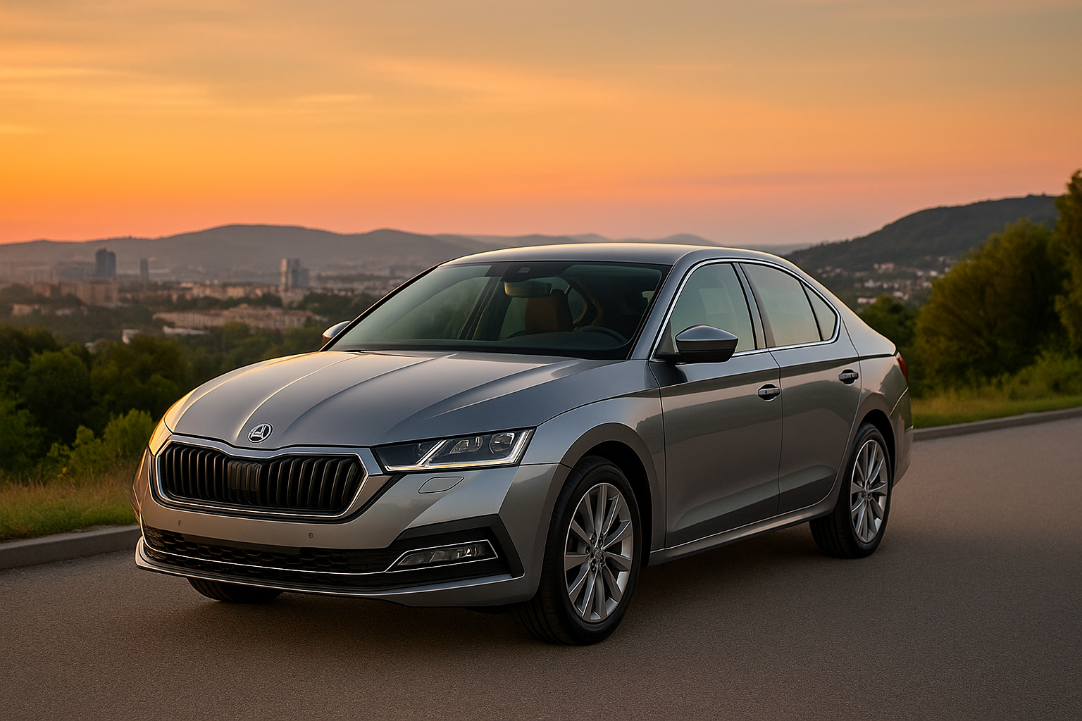 Skoda Octavia berline grise photographiée en trois-quarts avant sur une route au coucher du soleil, avec collines et ville en arrière-plan.