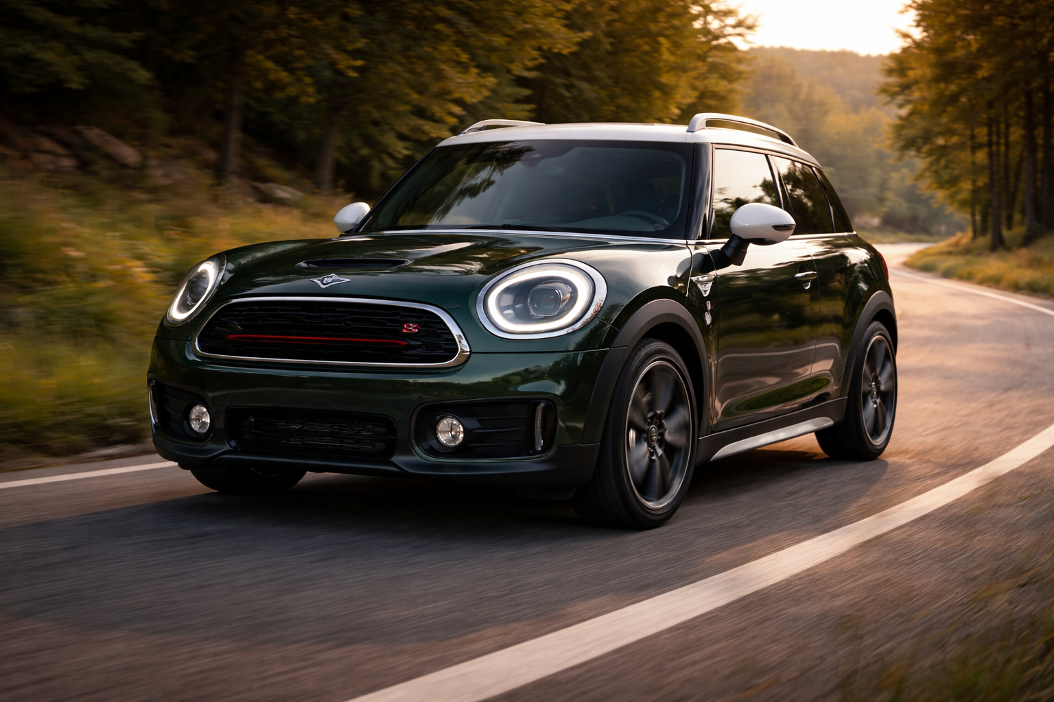Mini Countryman Cooper S gris métallisé en conduite sur route, SUV compact Mini au design sportif et espace familial