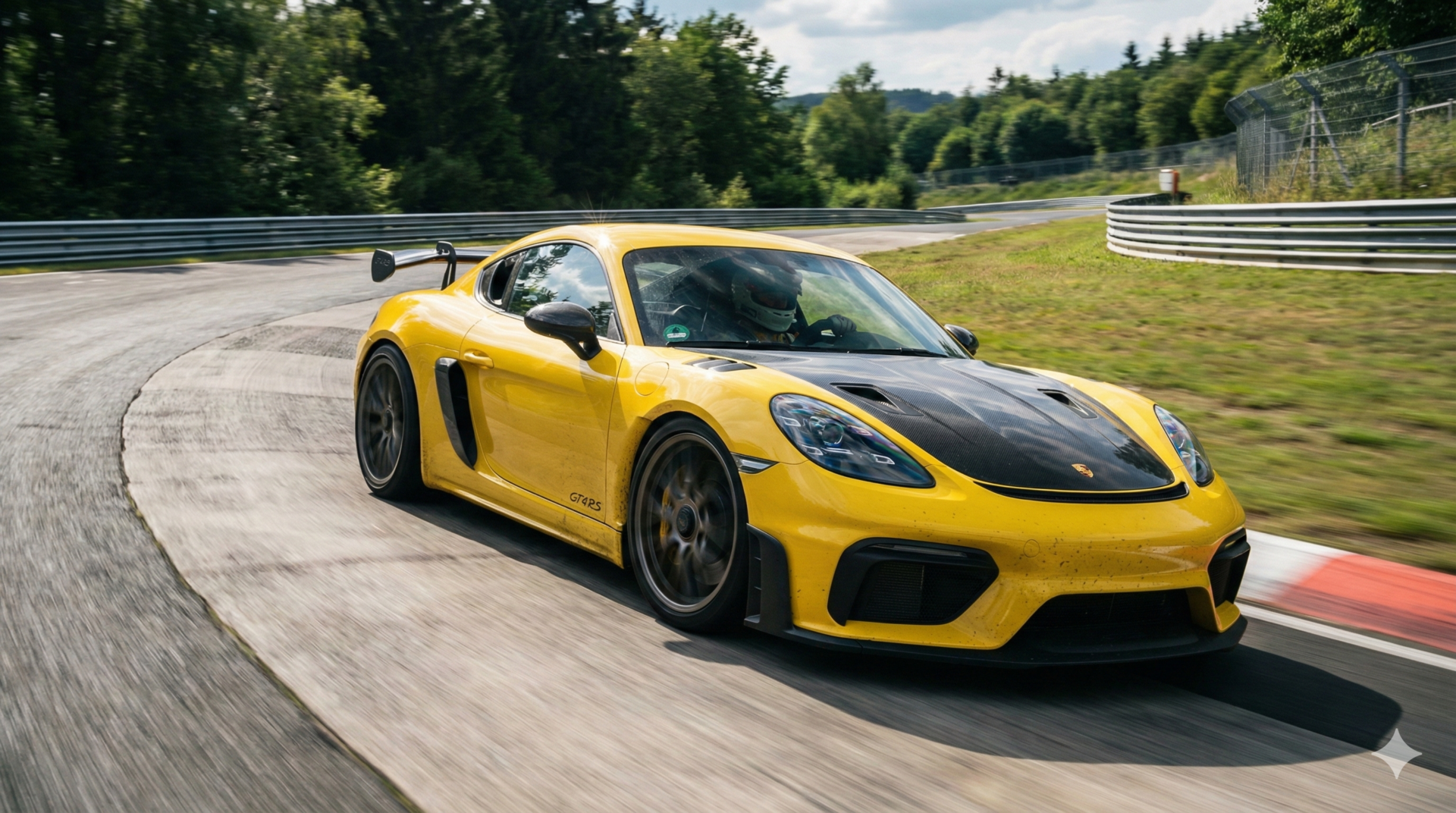 Porsche Cayman GT4 RS jaune avec aileron en carbone, en pleine accélération sur une route de montagne.
