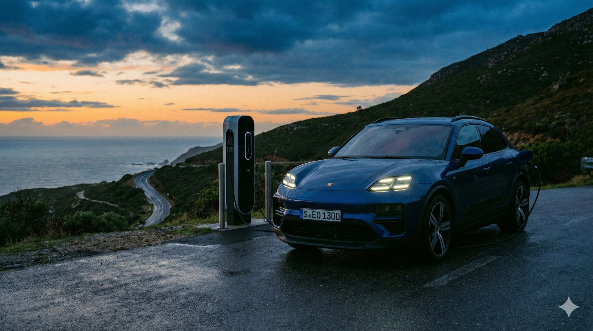 Le nouveau Porsche Macan Electric gris foncé en version 100% électrique, stationné devant une villa moderne au coucher du soleil.