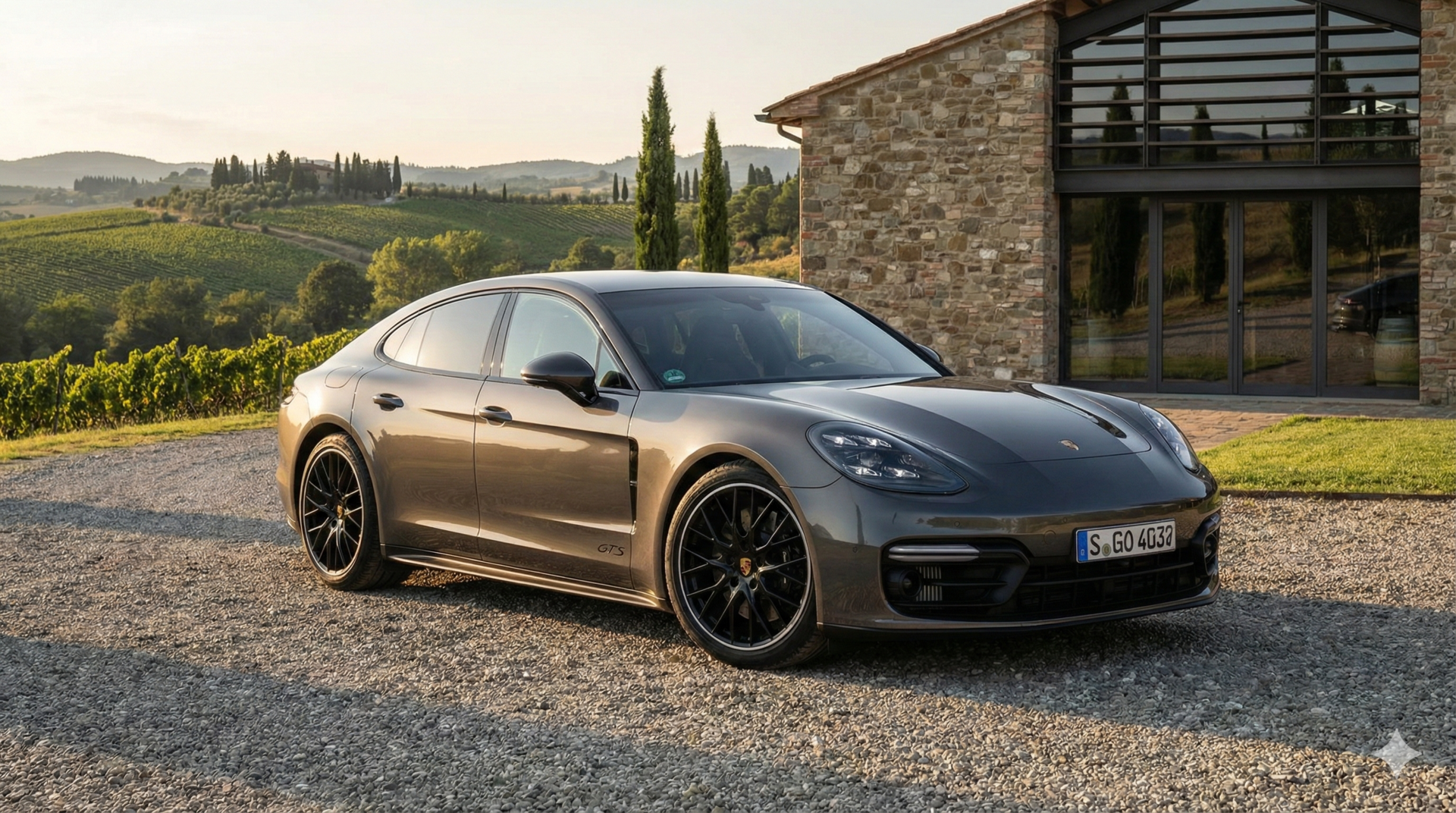 Porsche Panamera GTS grise garée sur une allée de gravier devant une bâtisse en pierre et des vignes au coucher du soleil.