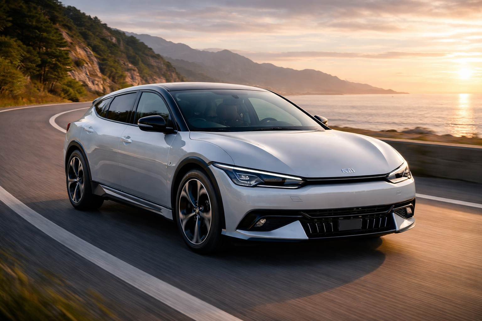 Kia EV6 électrique vue de trois quarts avant sur route, design moderne et lignes futuristes du crossover électrique Kia