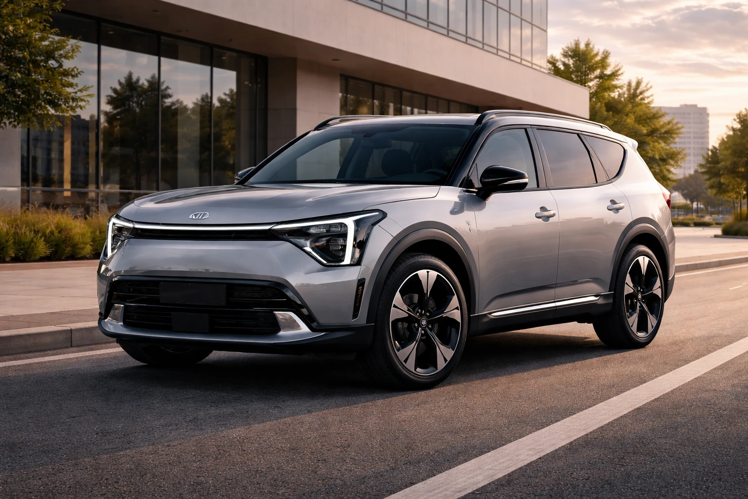 Kia EV9 électrique en format SUV premium, vue de trois-quarts avant, design moderne et massif, photographié en extérieur en conditions réelles