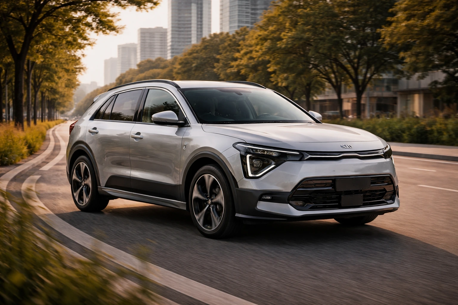 Kia Niro hybride garée en extérieur, vue de trois quarts avant, design moderne et compact adapté à un usage urbain et familial