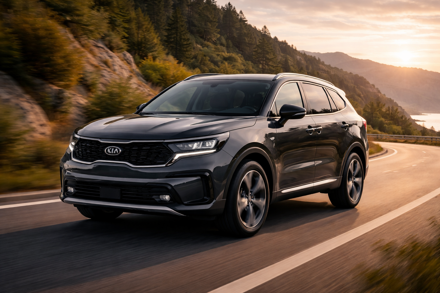 Kia Sorento hybride grand SUV familial 7 places sur route, design moderne et robuste, vue extérieure réaliste