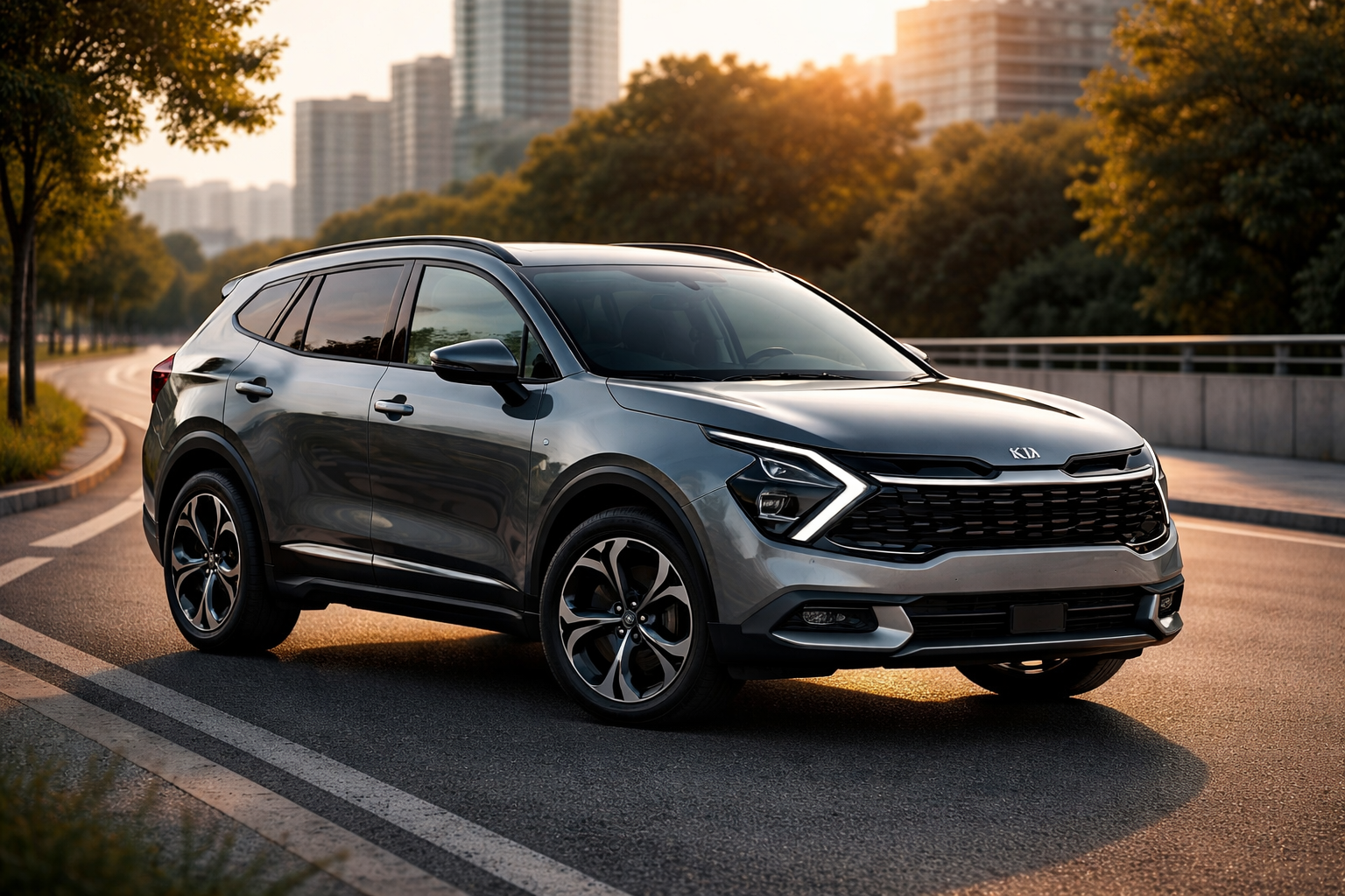 Kia Sportage nouvelle génération photographié de profil sur route, SUV compact moderne au design dynamique, destiné au marché européen